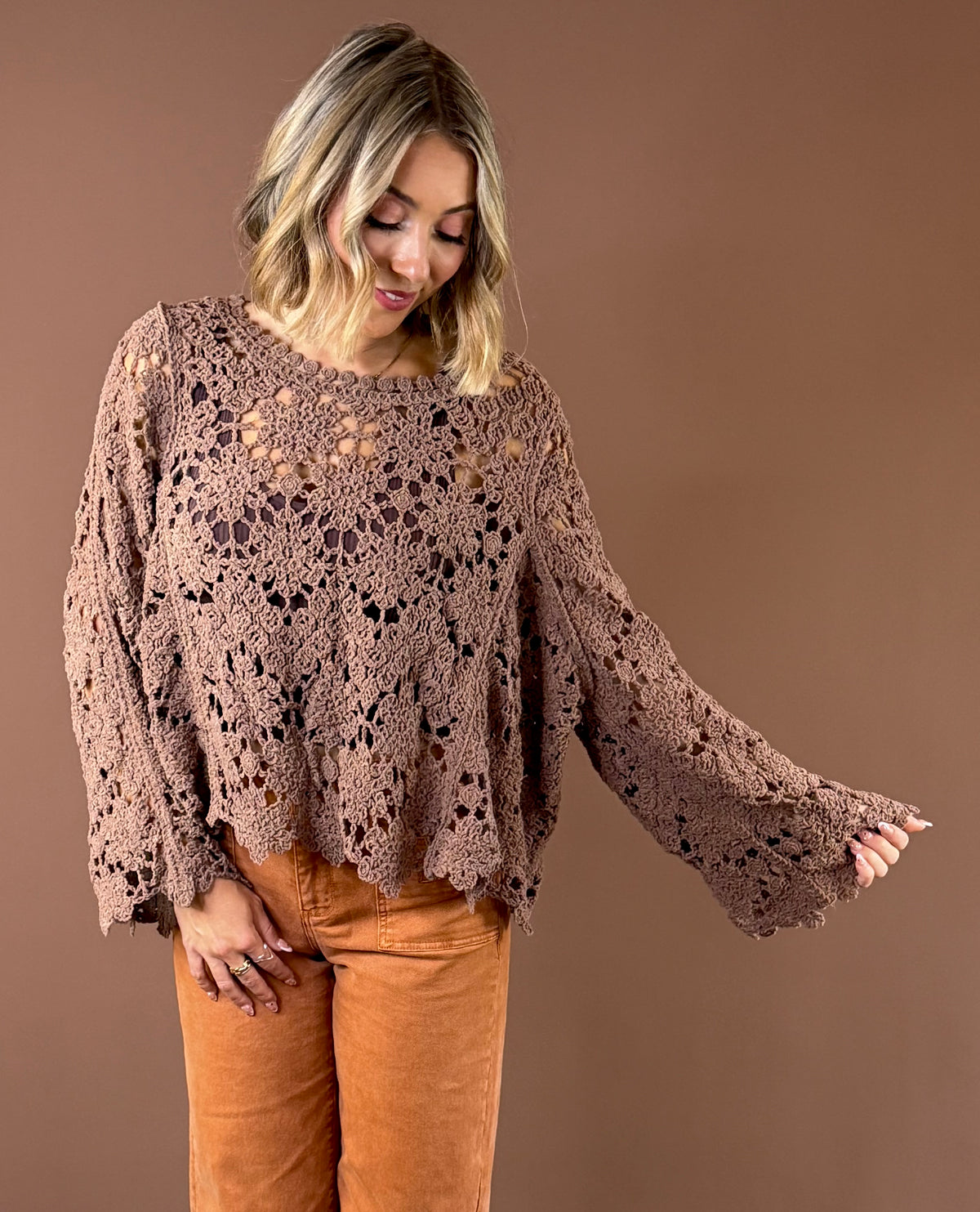 POL Cocoa Coast Open-Knit Sweater featuring chocolate brown open knit chenille sweater with flared sleeves and scalloped edges