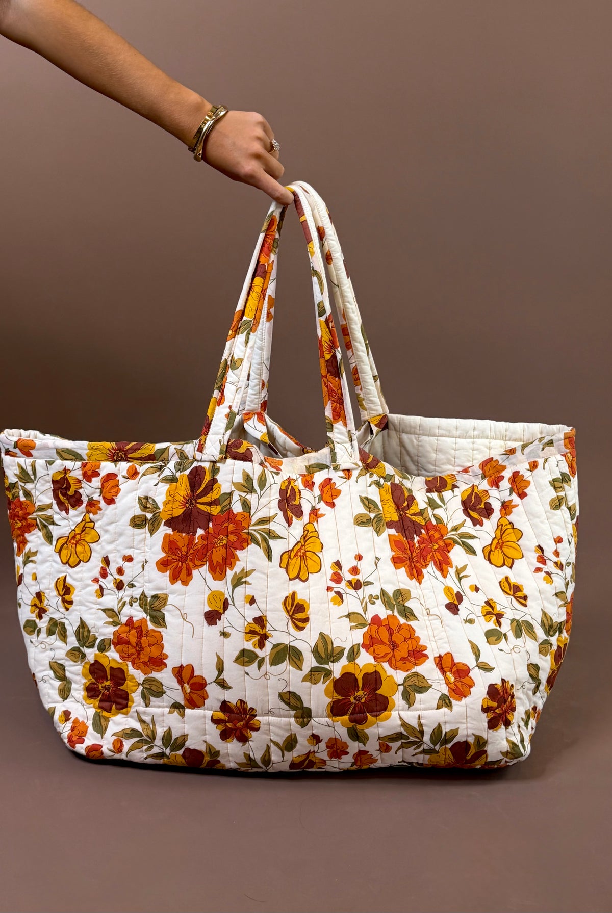 POL Cream & Clementine Quilted Jumbo Tote Bag featuring oversized cream multi quilted cotton tote bag with warm orange tones
