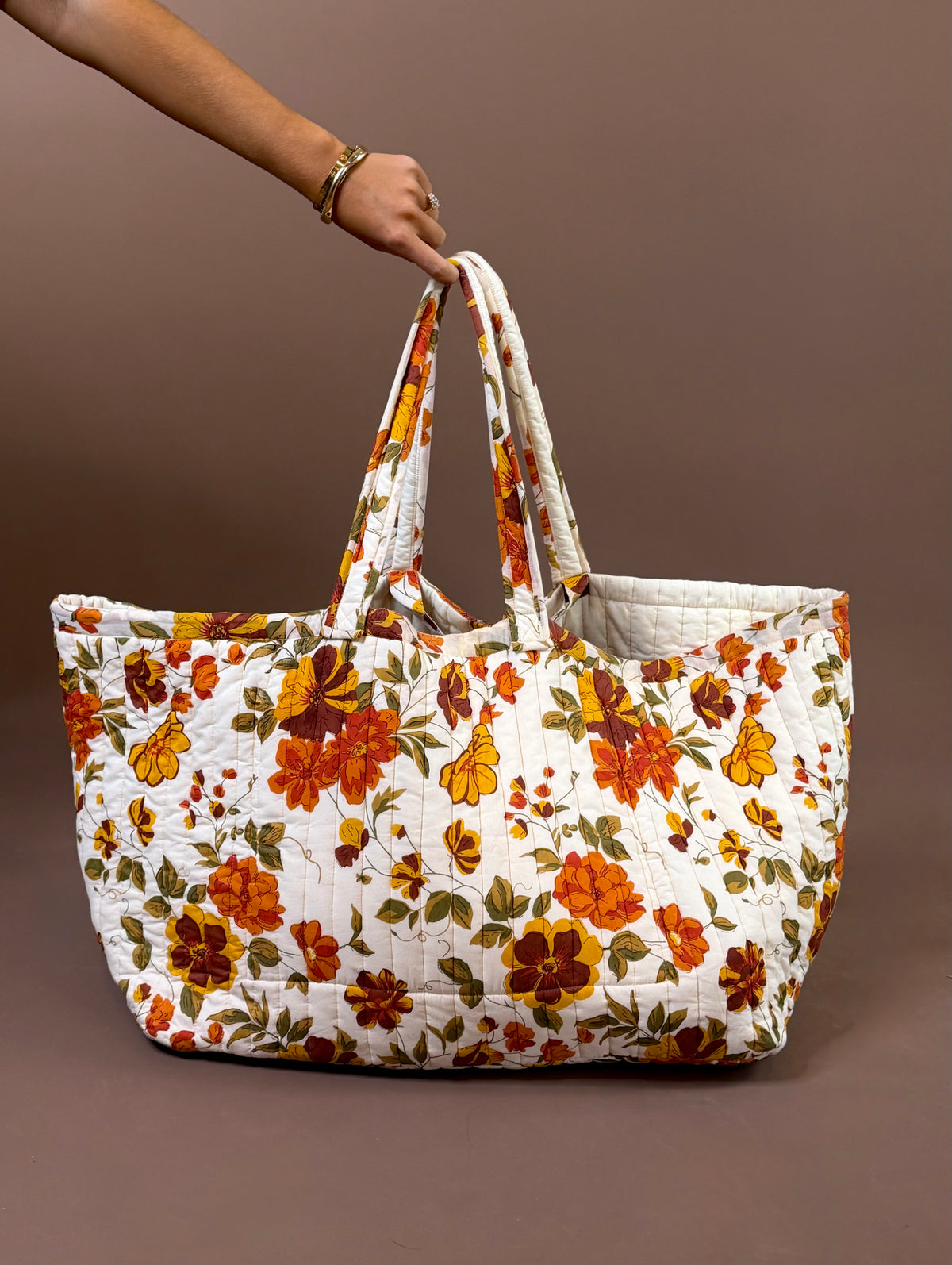 POL Cream & Clementine Quilted Jumbo Tote Bag featuring oversized cream multi quilted cotton tote bag with warm orange tones