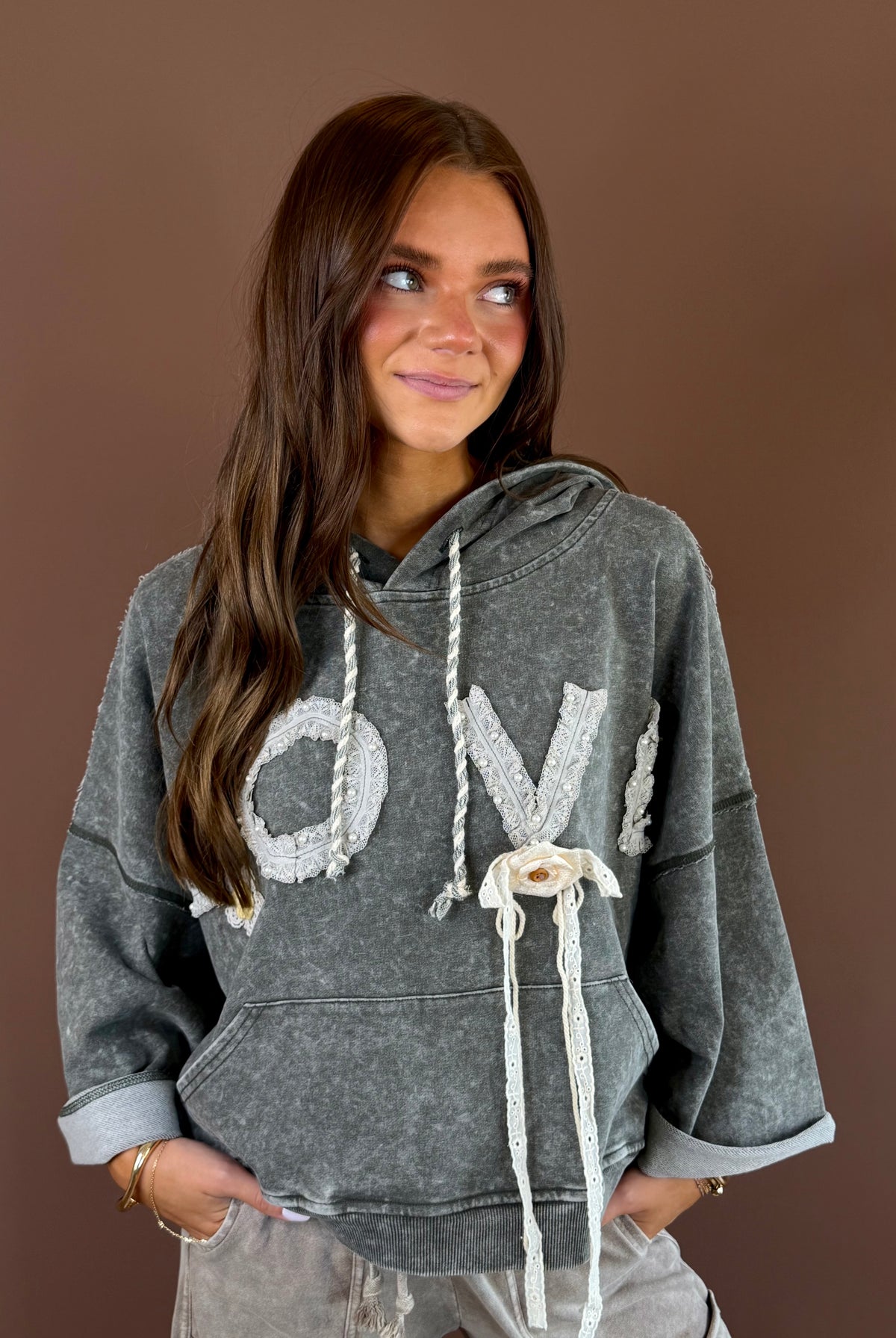 POL Lovely women’s washed charcoal oversized hoodie with floral embroidery, dimensional appliqués, crochet patchwork, and a drawstring hood