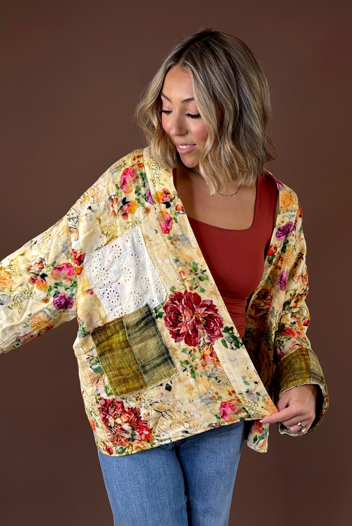 POL Pattern Play Reversible Cardigan Natural Multi featuring natural multi reversible cardigan with floral plaid and patchwork details
