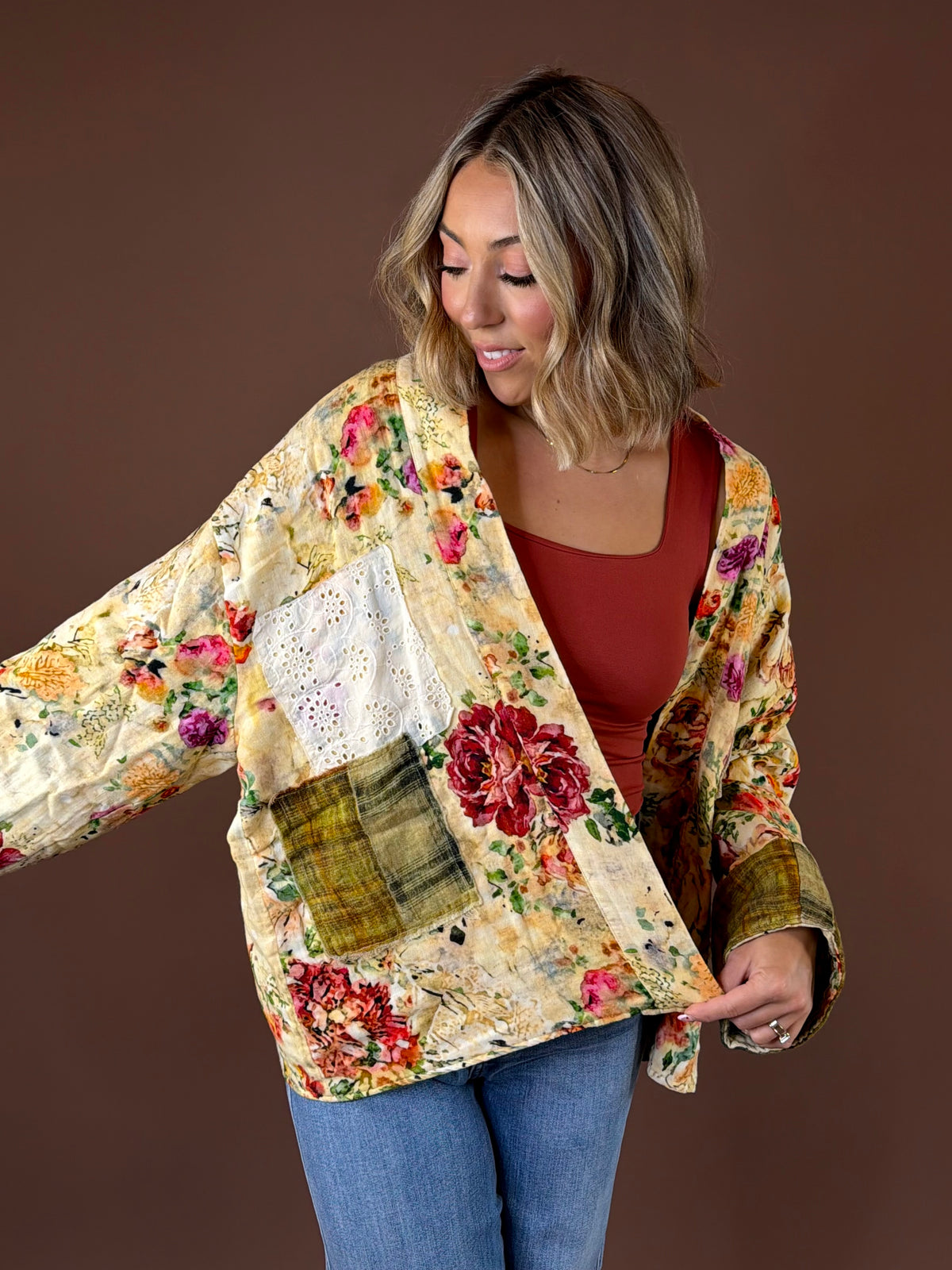 POL Pattern Play Reversible Cardigan Natural Multi featuring natural multi reversible cardigan with floral plaid and patchwork details