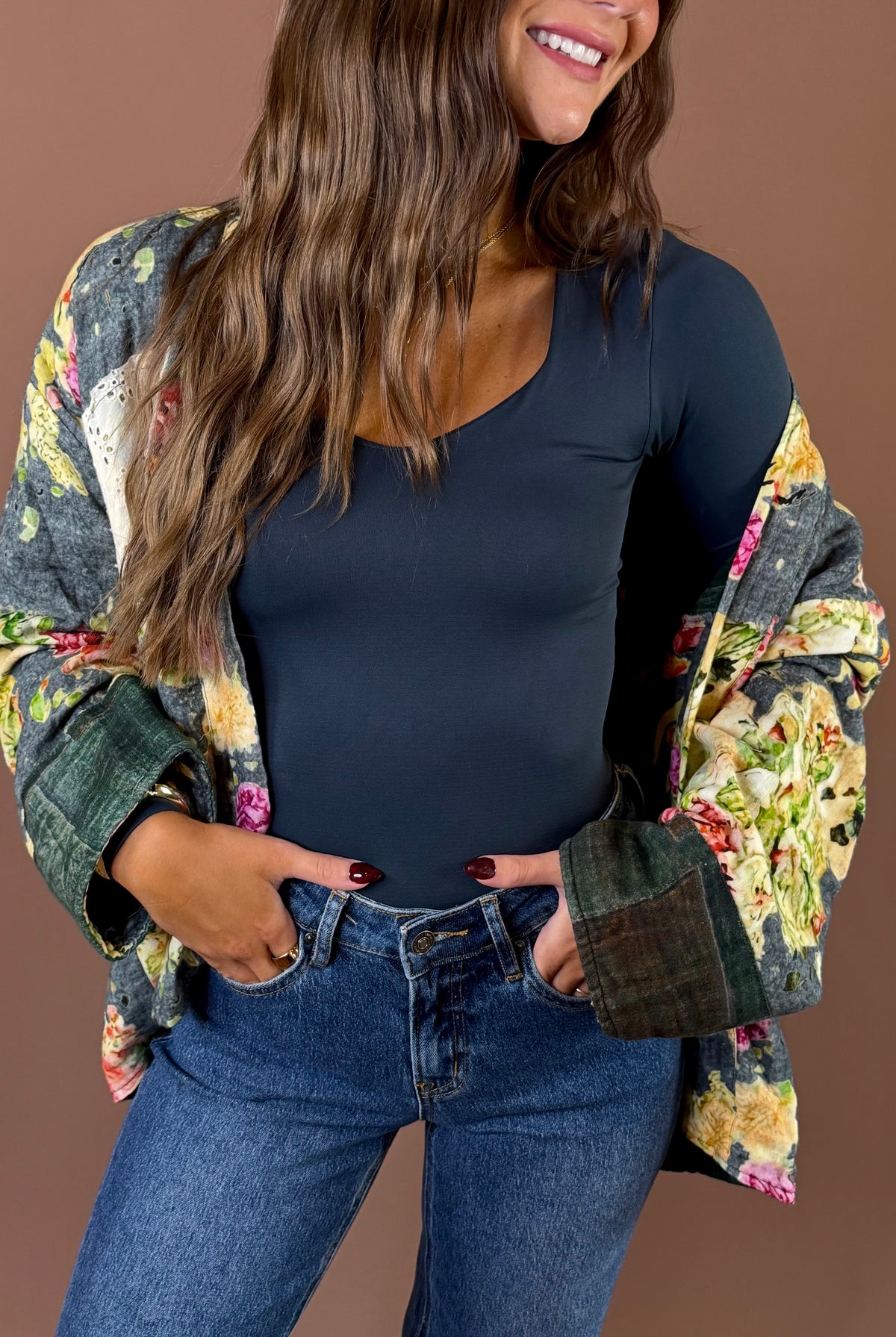 POL Pattern Play Reversible Cardigan Olive Multi featuring olive multi reversible cardigan with floral plaid and patchwork details