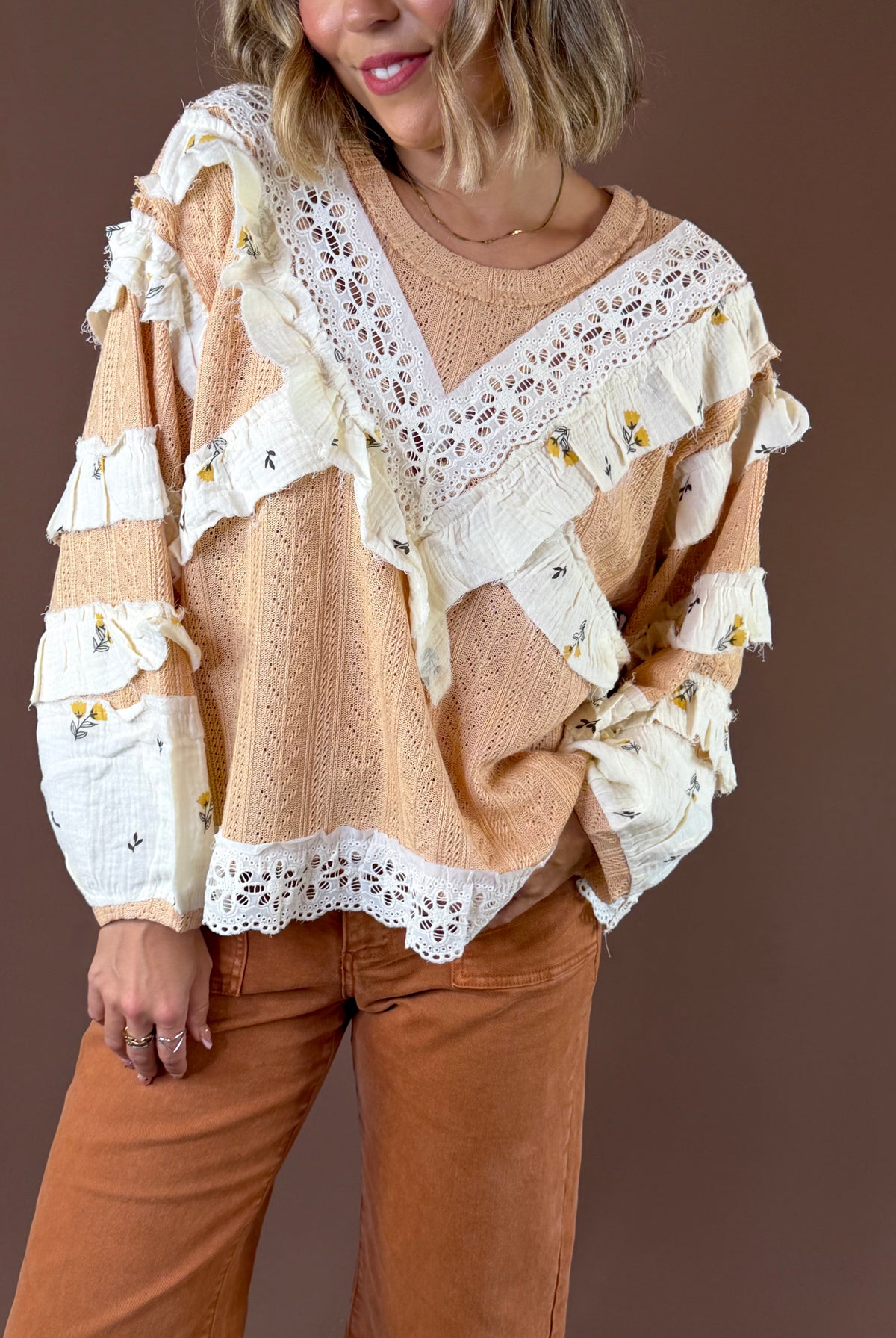 POL Peachy Keen Lace Ruffle Top featuring peach lace ruffle blouse with crochet trim and long sleeves