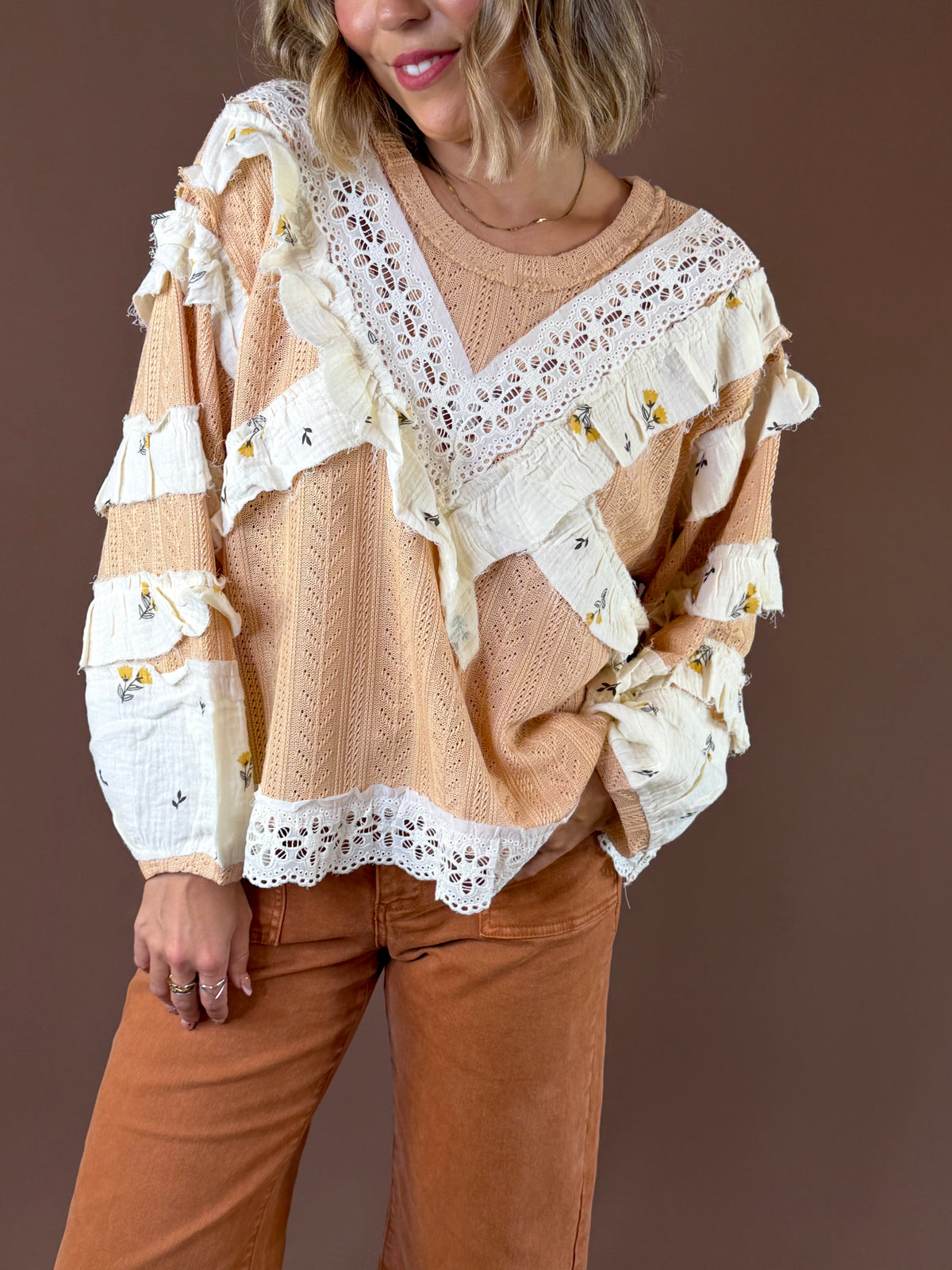 POL Peachy Keen Lace Ruffle Top featuring peach lace ruffle blouse with crochet trim and long sleeves
