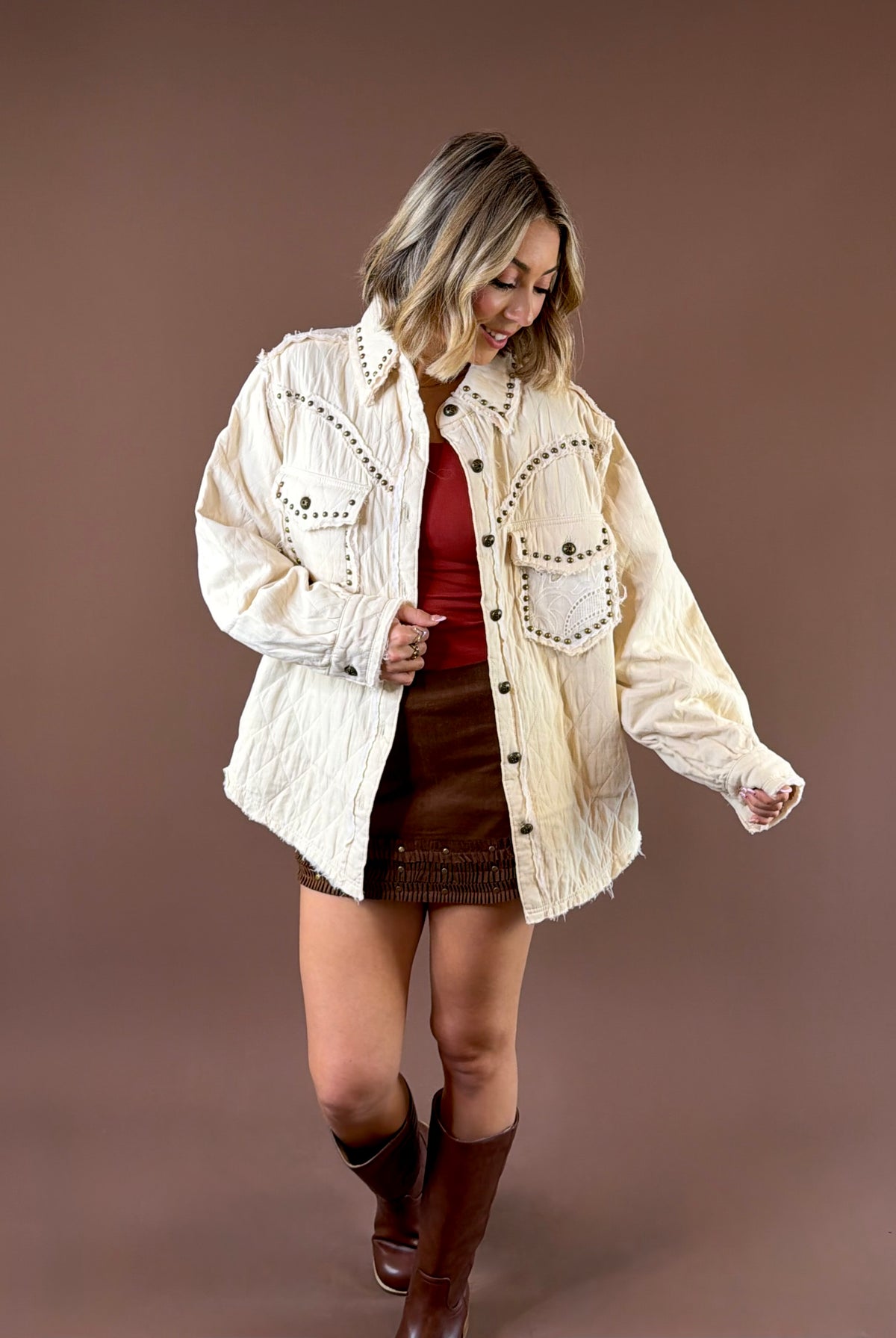POL Prairie Pearl Shacket featuring quilted twill shacket with western inspired stripes patchwork and studs
