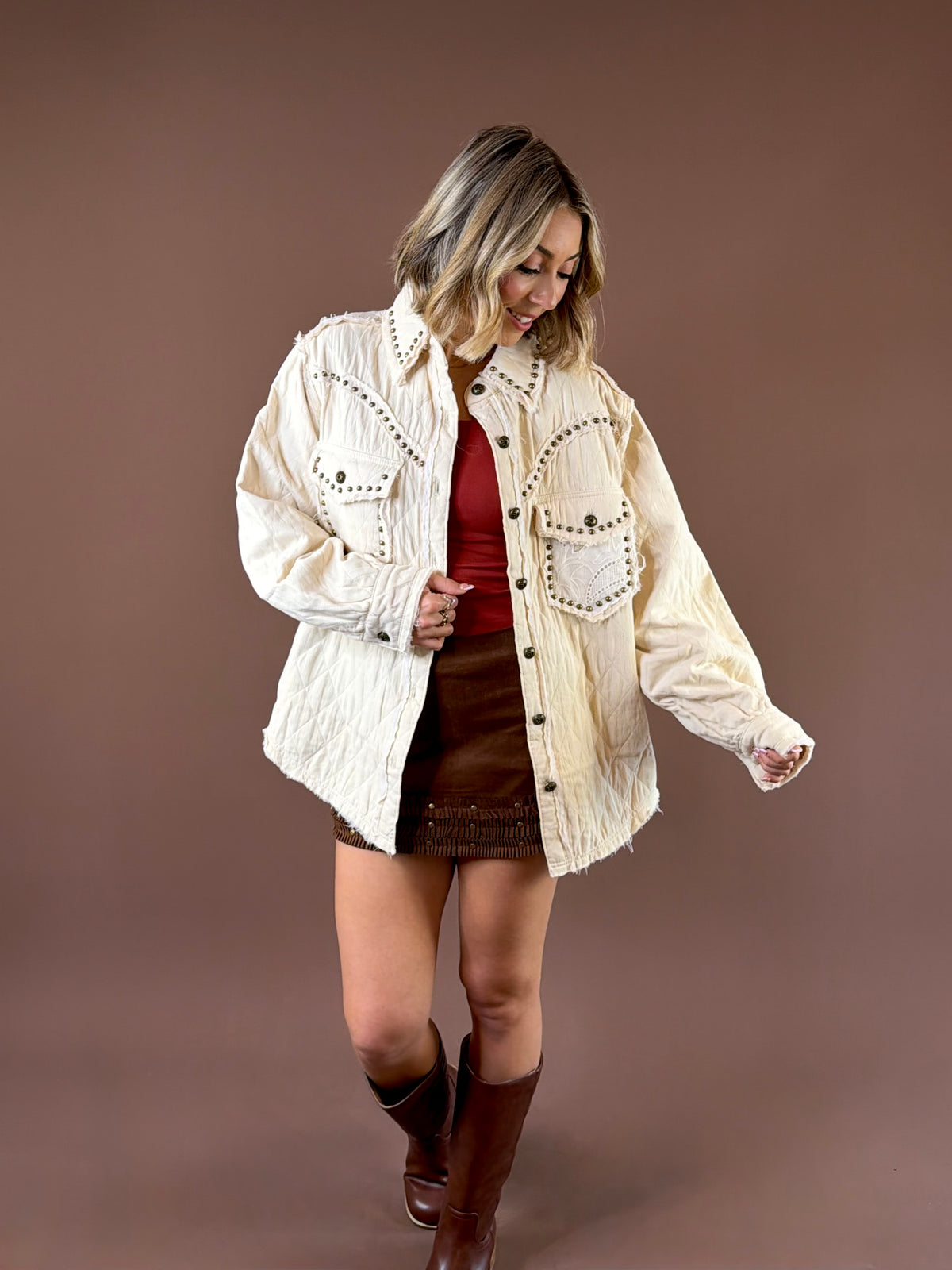POL Prairie Pearl Shacket featuring quilted twill shacket with western inspired stripes patchwork and studs