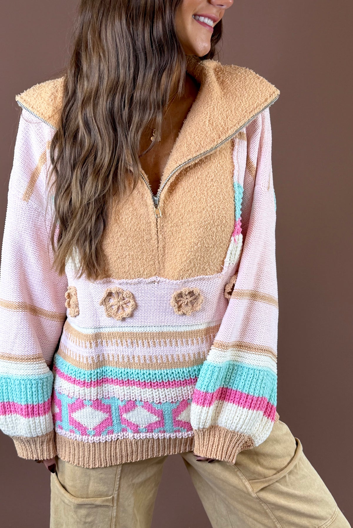 POL Sundance Sherpa Patchwork Pullover featuring camel and blush sherpa patchwork half zip pullover with mixed knit stripes