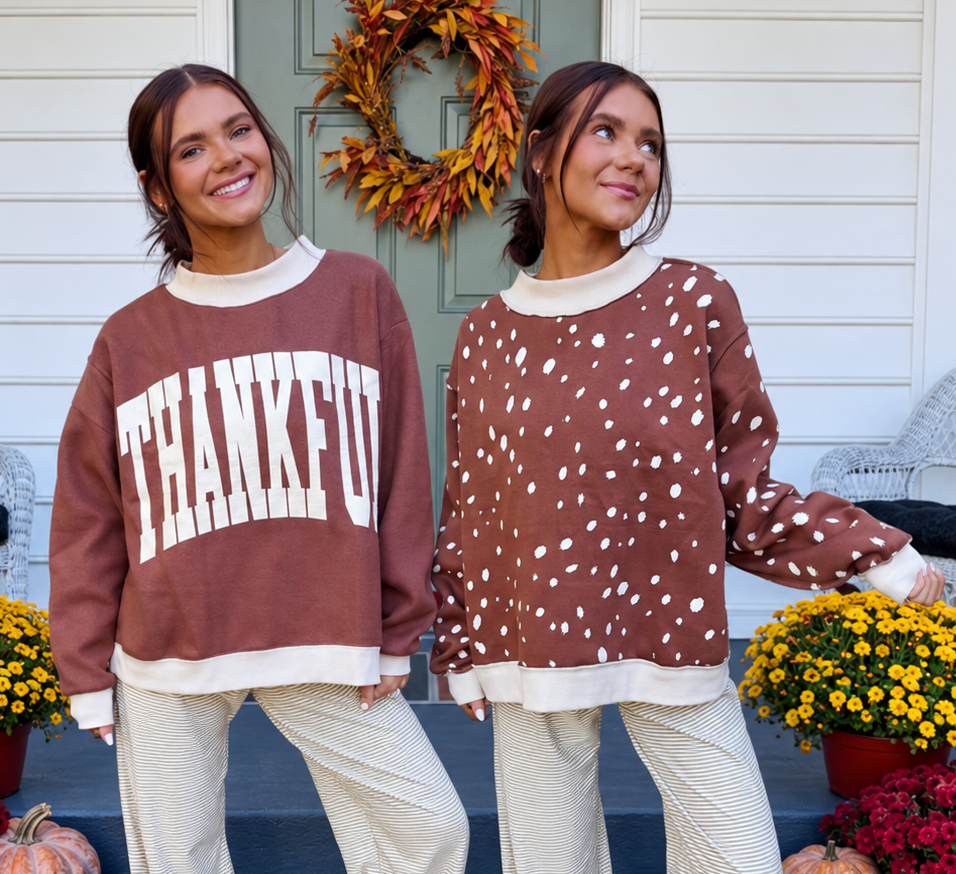 Two views of a chestnut brown mockneck sweatshirt with cream trim: one side reads THANKFUL in cream varsity block letters and the reverse has an all-over cream polka dot print.