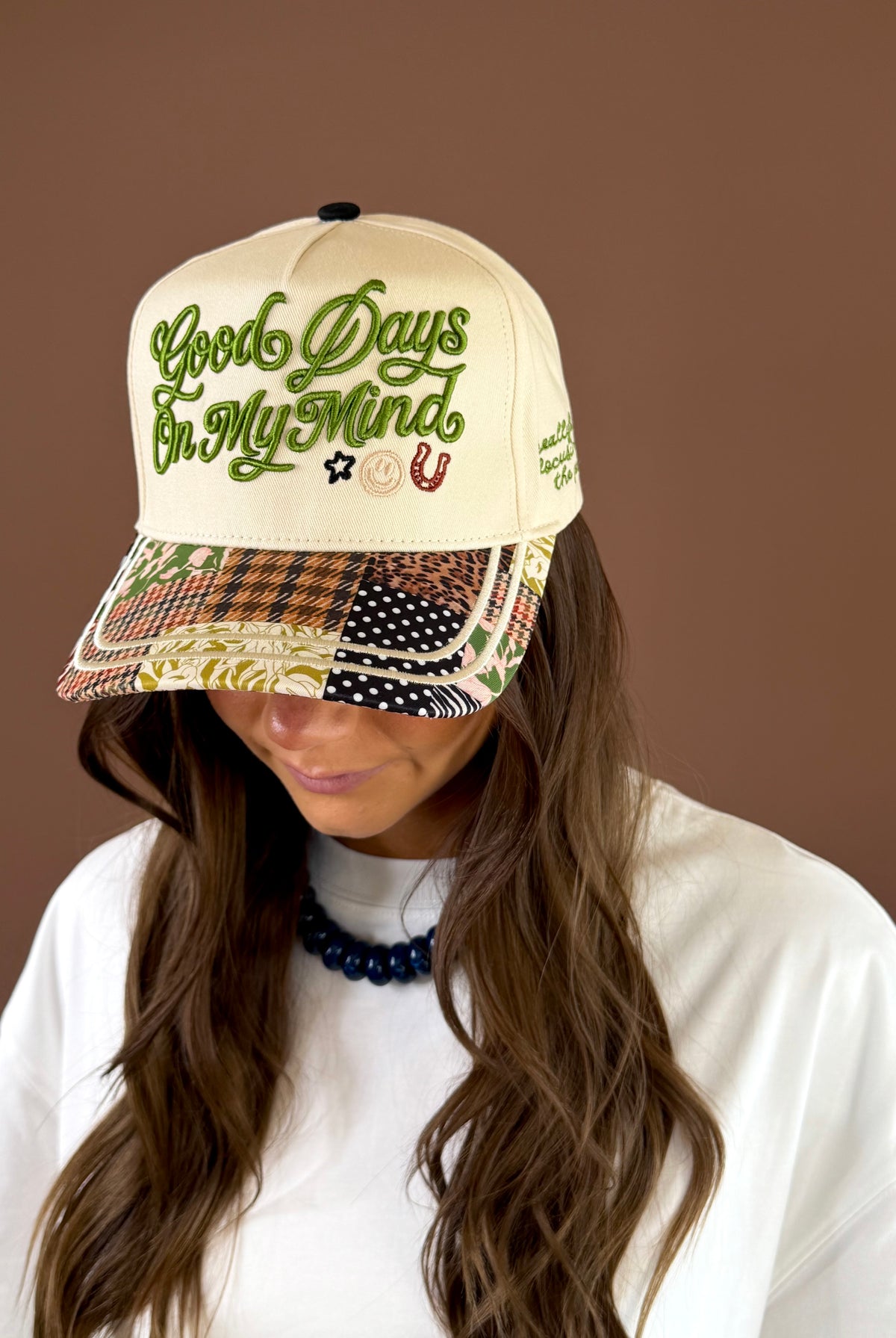 POPPY & PINE canvas baseball cap with colorful embroidered puff-stitch Good Days On My Mind lettering across the front