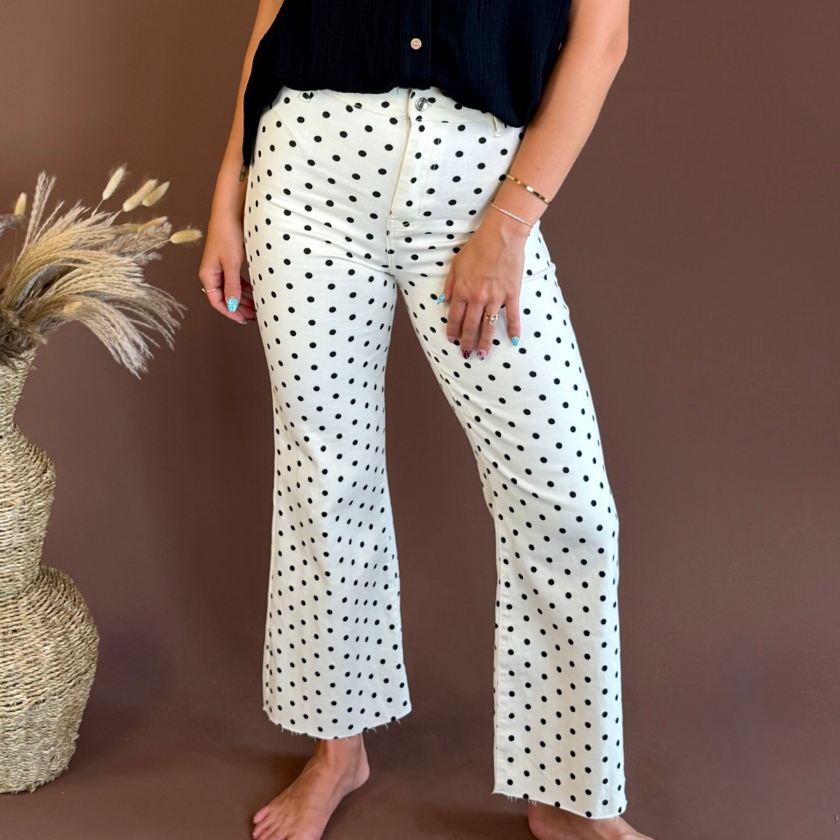 POPPY & PINE Mini Polka Dot Stretchy Ivory Denim Pants