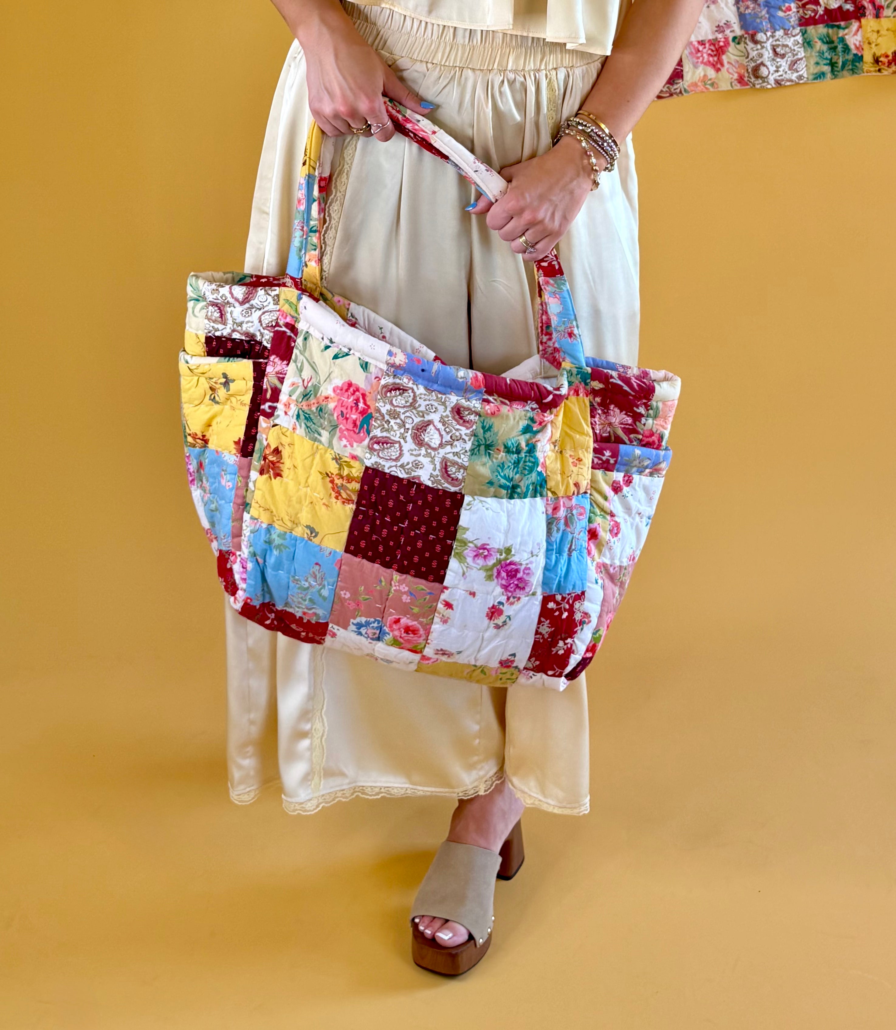 quilted bag, tote bag, weekender tote, quilt, vintage, patchwork, grandma core, boho accessories