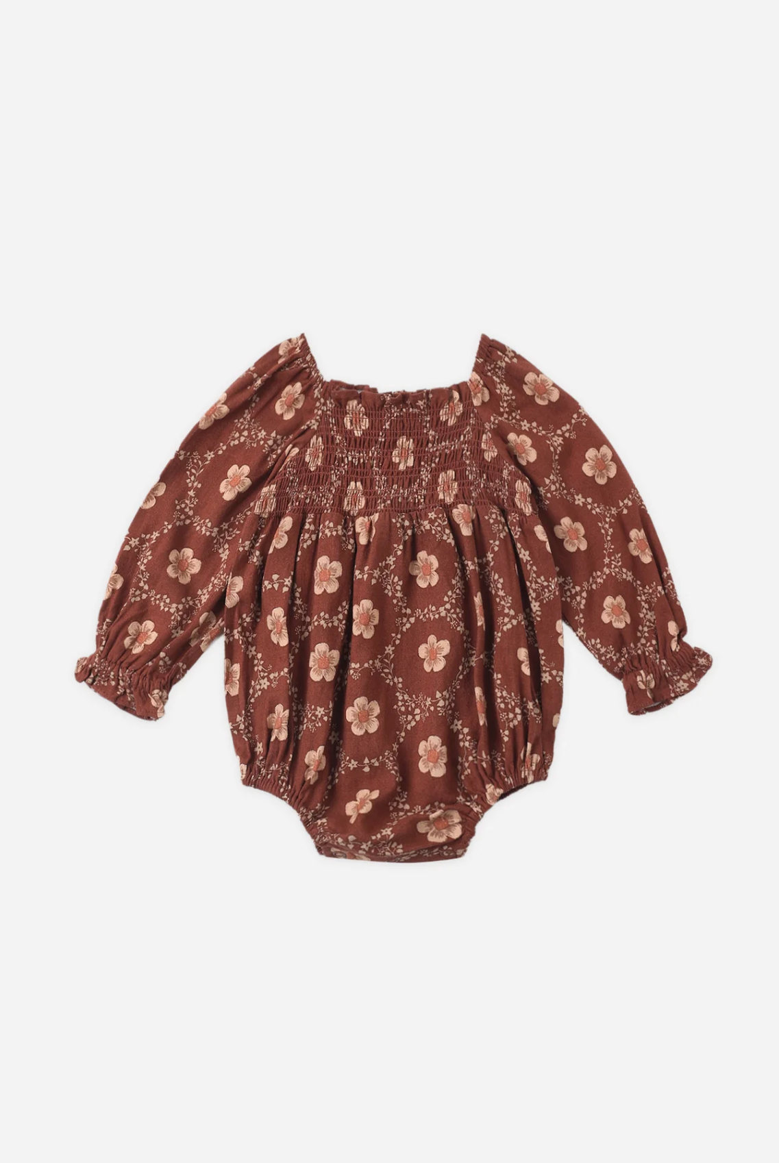 RYLEE & CRU Adelaide Romper Brick Daisies featuring brick daisy children's romper with smocked bodice and puff sleeves