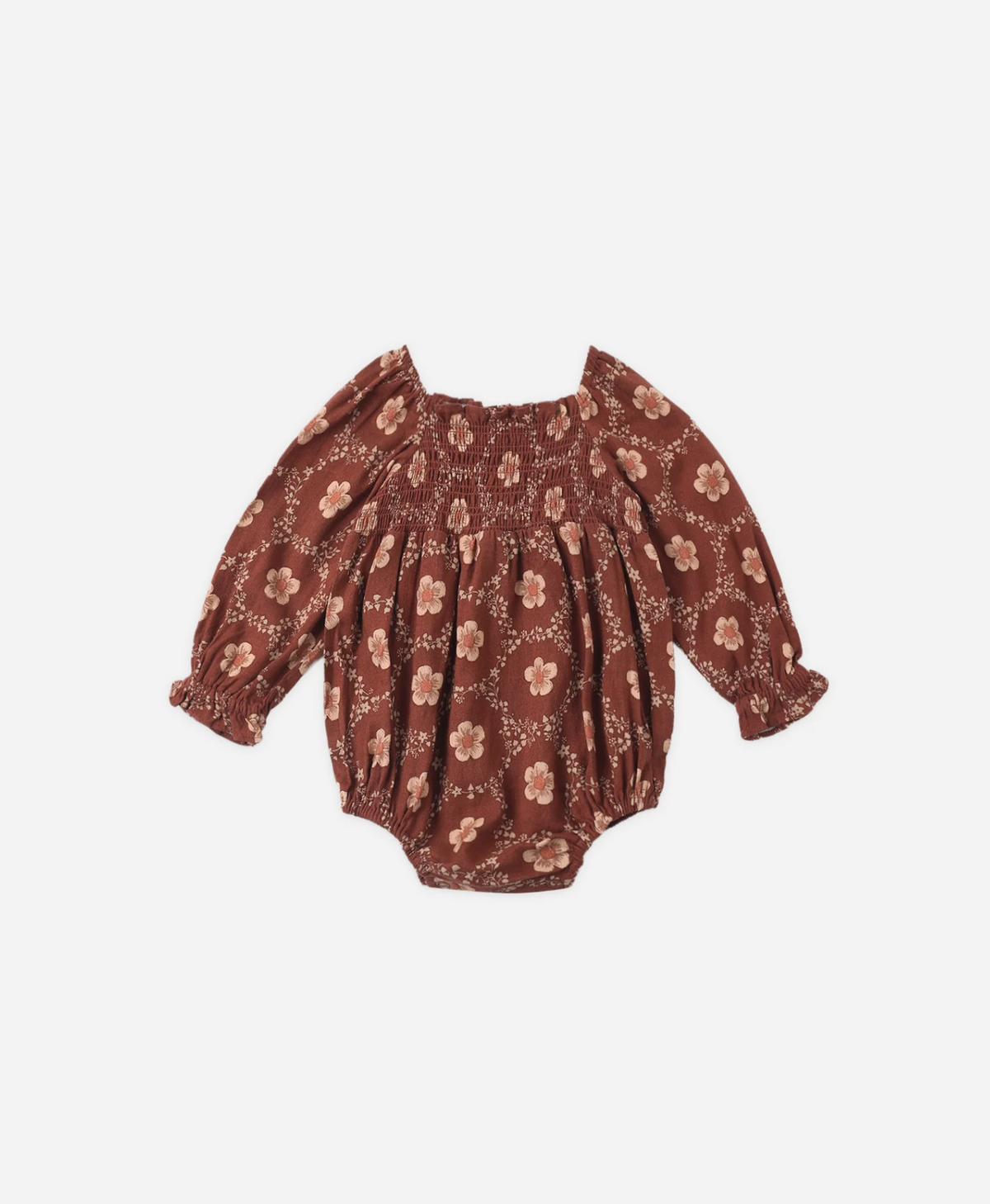 RYLEE & CRU Adelaide Romper Brick Daisies featuring brick daisy children's romper with smocked bodice and puff sleeves