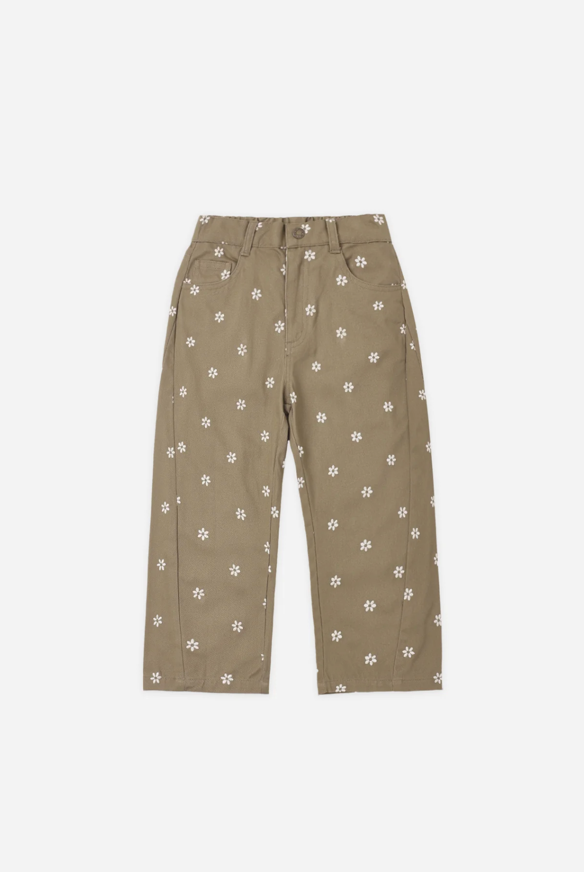 RYLEE & CRU Barrel Pants Olive Embroidered Daisies featuring olive canvas children's barrel pants with daisy embroidery and elastic back waistband