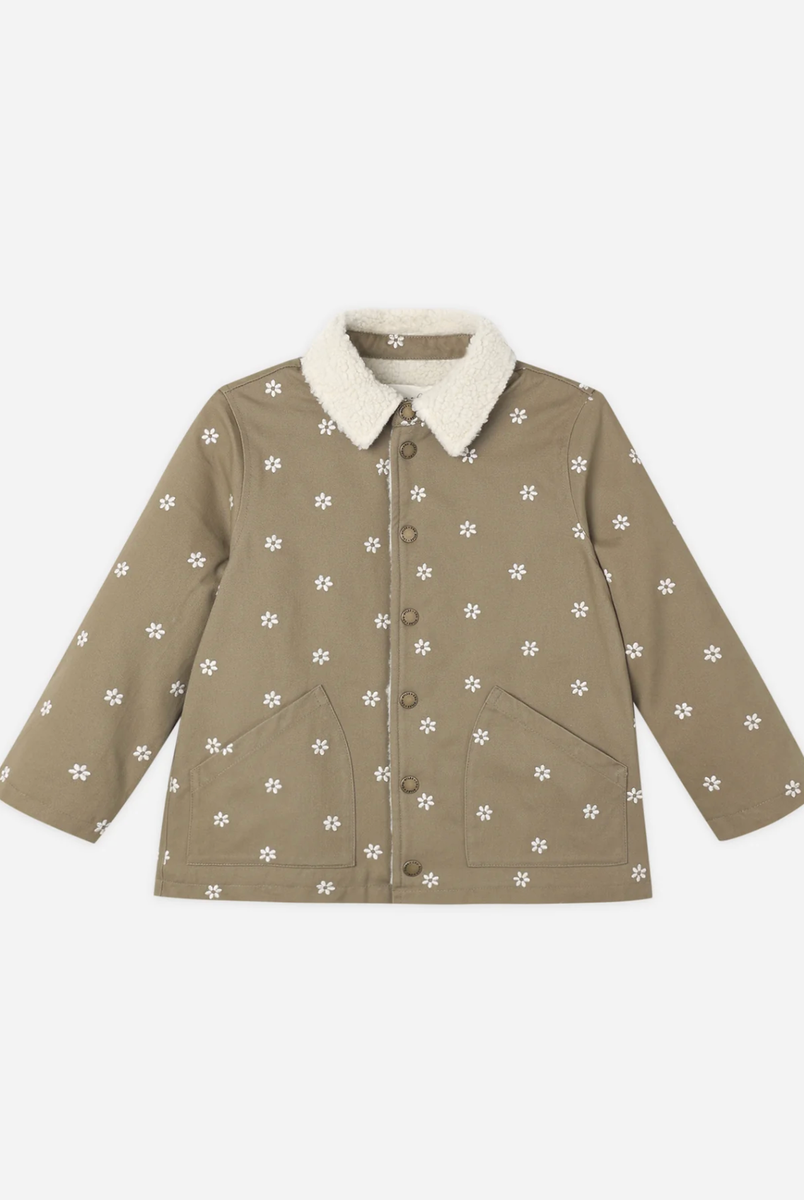 RYLEE & CRU Long Chore Coat Olive Embroidered Daisies featuring olive canvas children's chore coat with embroidered daisies and shearling lining
