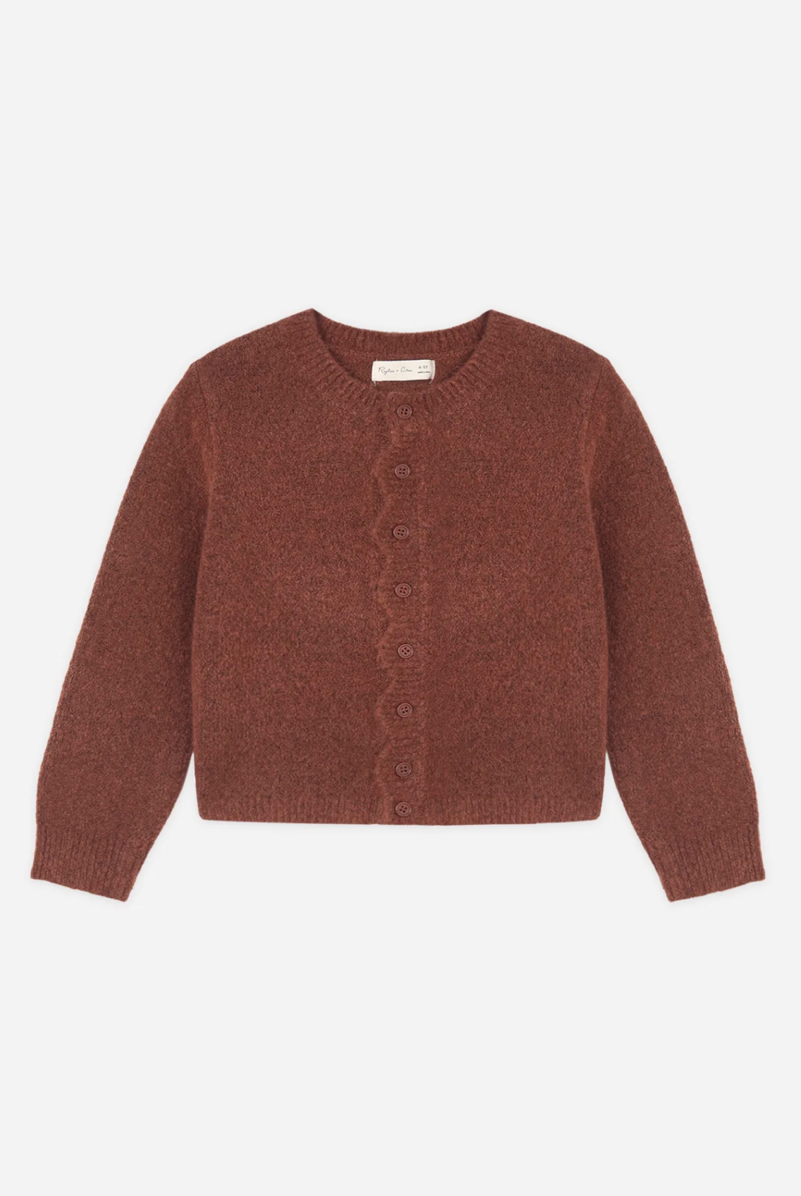 RYLEE & CRU Scallop Cardigan Brick featuring brick colored children's scallop cardigan with button front