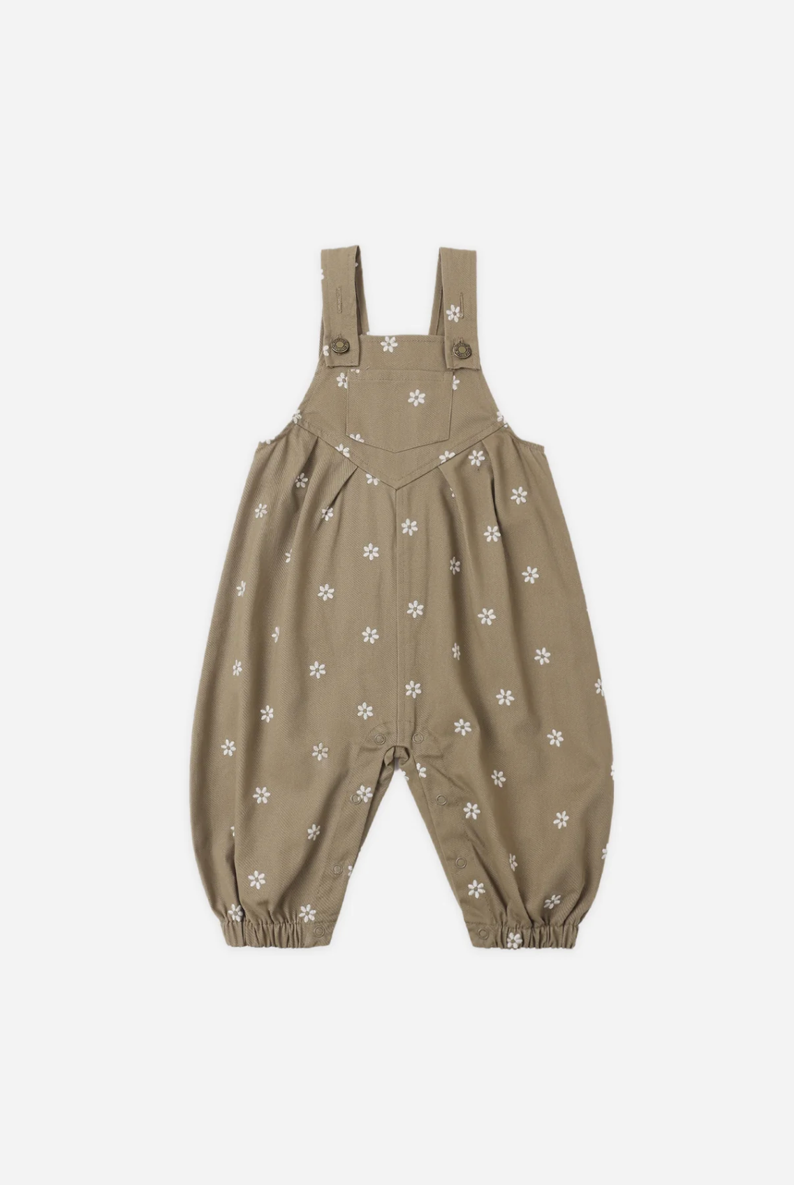 RYLEE & CRU Vintage Overalls Olive Embroidered Daisies featuring olive canvas children's overalls with embroidered daisies and antique buttons