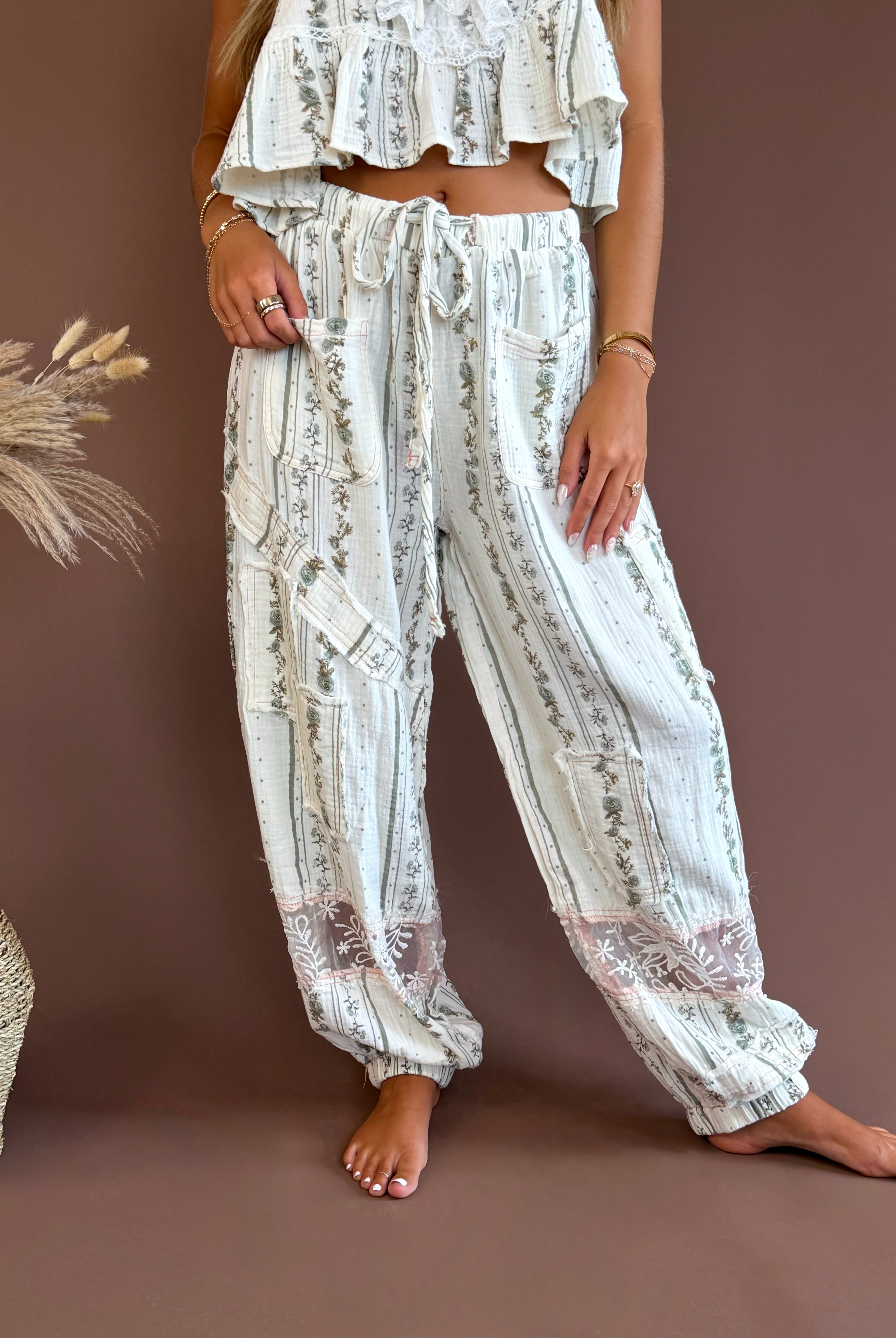 boho pants, jogger pants, beach pants, matching sets, floral print, trendy pants