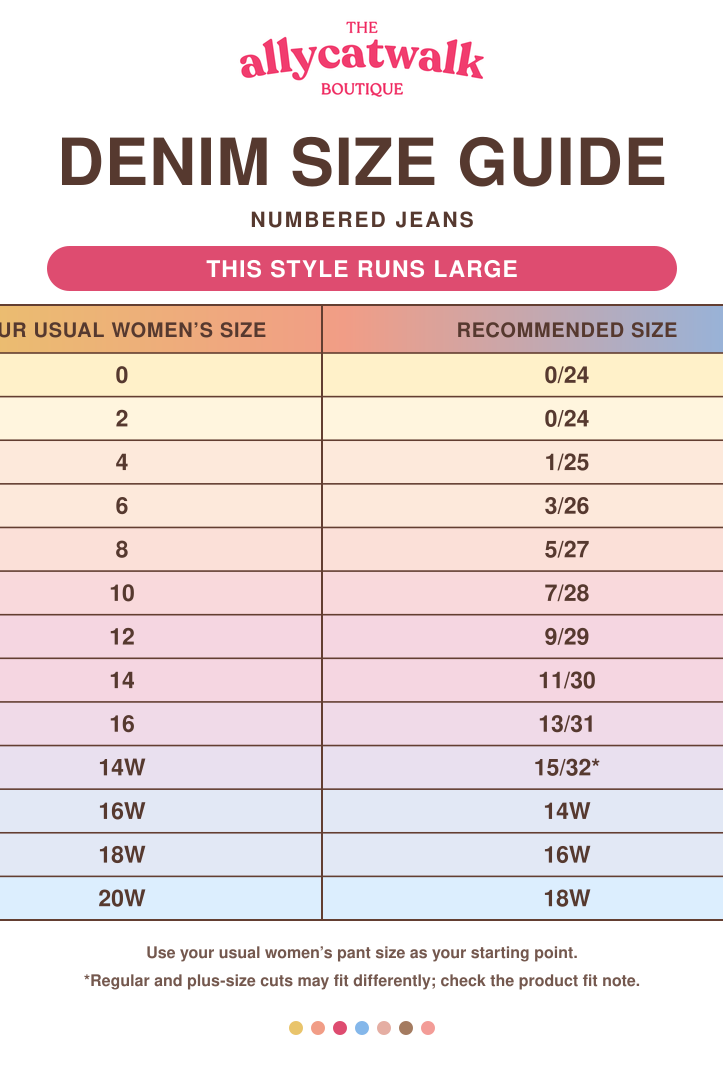 Judy Blue Billie Boyfriend Mid Rise Jeans runs-large women’s numbered and plus-size denim conversion chart