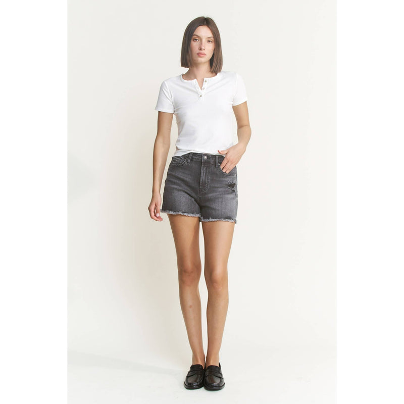 Mica Super High Rise Distressed Shorts: Washed Black
