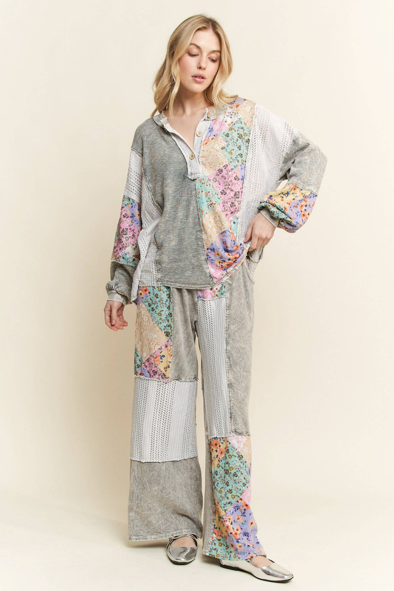 Mineral Washed Floral WaveKnit Jacquard Boho Pants HP6106: Natural / S-M-L / 2-2-2