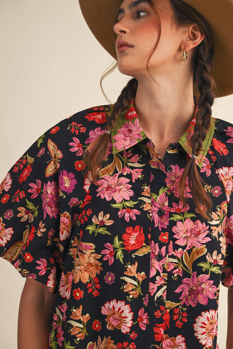 COLLARED BUTTON DOWN FLORAL MINI DRESS MDR4309