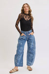 Denim Washed Floral Print Barrel Jeans