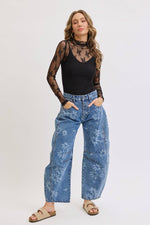 Denim Washed Floral Print Barrel Jeans