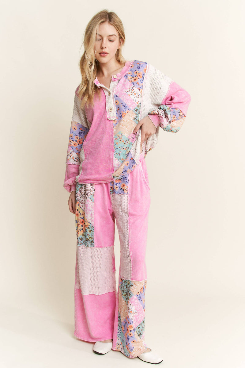 Mineral Washed Floral WaveKnit Jacquard Boho Pants HP6106: Natural / S-M-L / 2-2-2