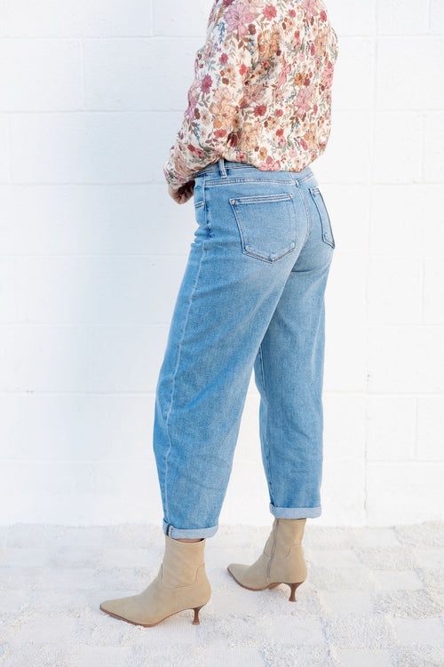 RISEN High Rise Cuffed Stretch Barrel Jean