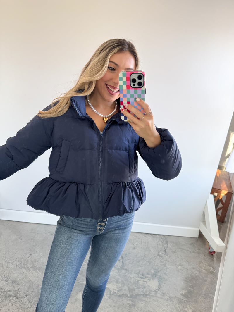 Peplum Bubble Hem Puffer jacket: Navy