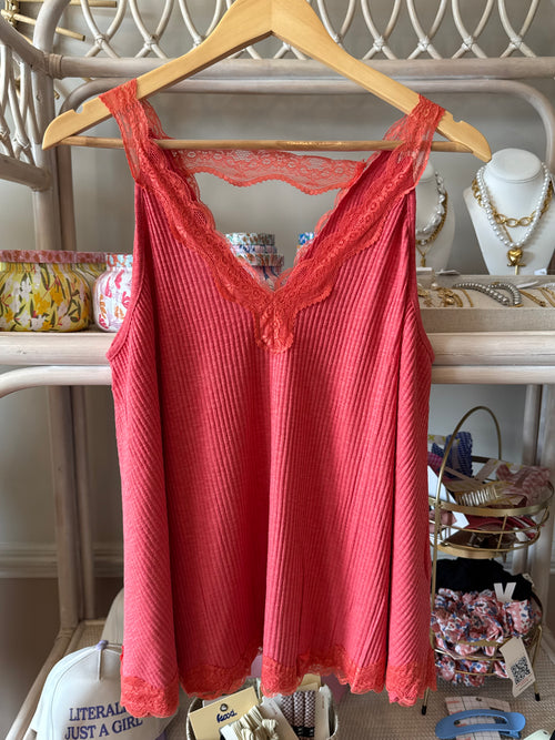 Lace Trim Ribbed Tank Top: Multiple Colors