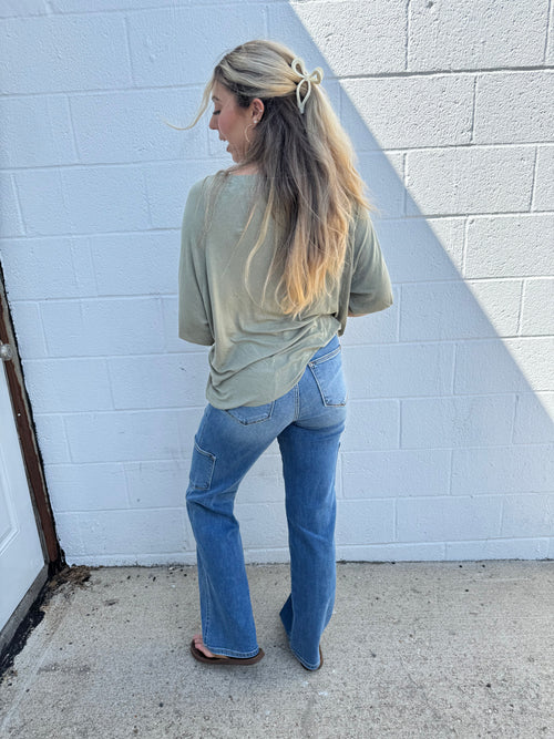 Lazer Cut Comfy Oversized Pocket Tee: Green