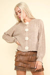 Floral Button Knit Sweater Cardigan: Mocha