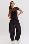 Mid-Waisted & Washed Barrel Overalls: Black
