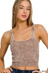 Washed Ribbed Square Neck Bra Padded Tank Top: SLEET / 3-3 (S/M-L/XL)