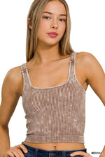 Washed Ribbed Square Neck Bra Padded Tank Top: SLEET / 3-3 (S/M-L/XL)