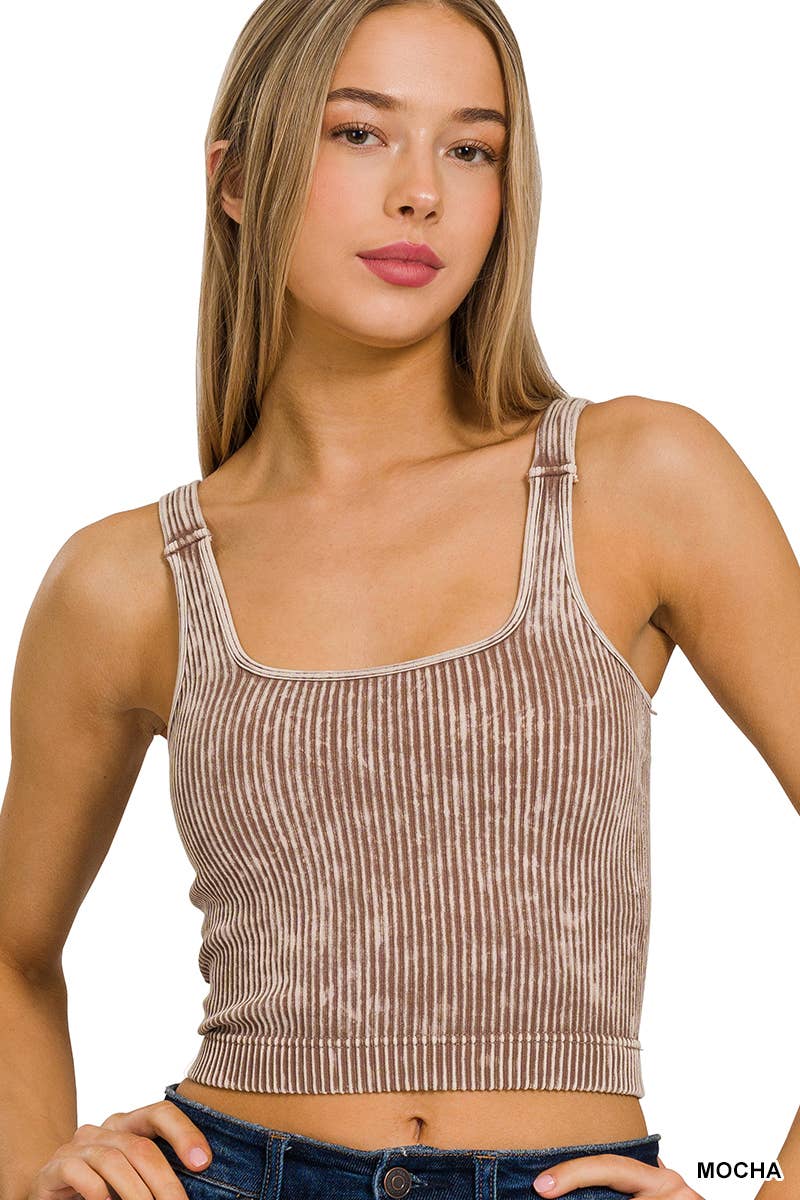 Washed Ribbed Square Neck Bra Padded Tank Top: MOCHA / 3-3 (S/M-L/XL)