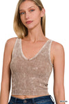 Washed Ribbed Cropped Bra Padded V-neck Tank Top: ASH OLIVE / 3-3 (S/M-L/XL)