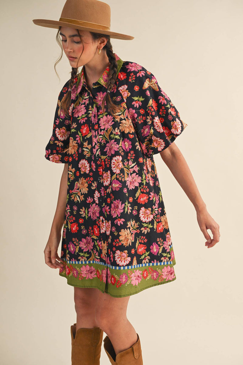 COLLARED BUTTON DOWN FLORAL MINI DRESS MDR4309