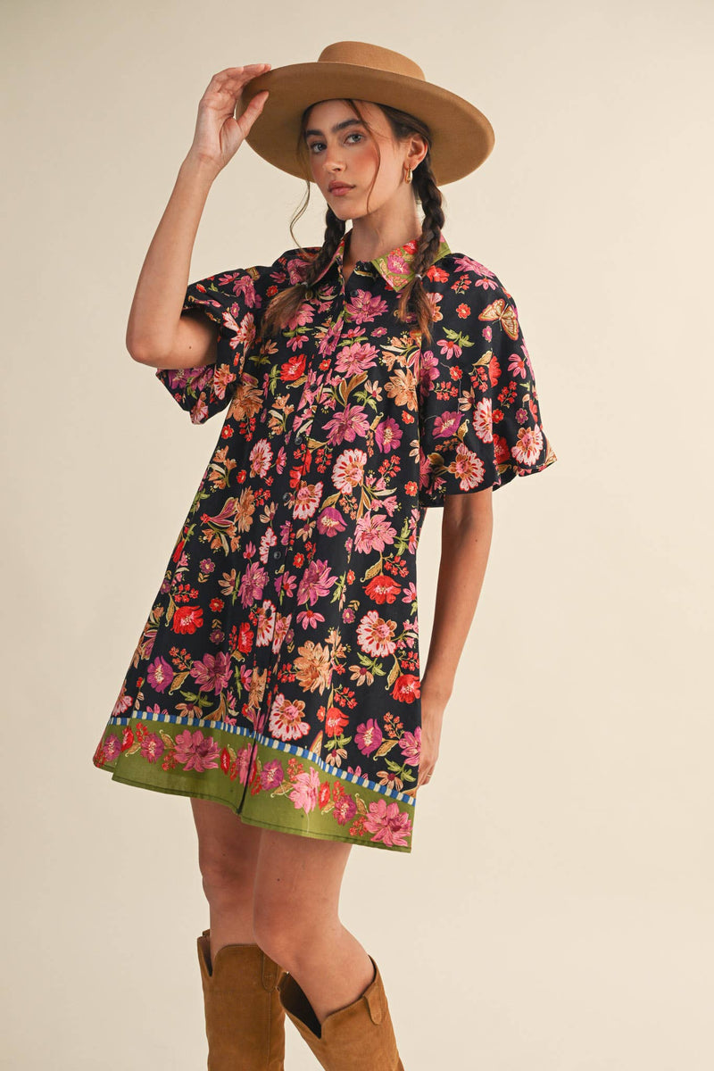 COLLARED BUTTON DOWN FLORAL MINI DRESS MDR4309