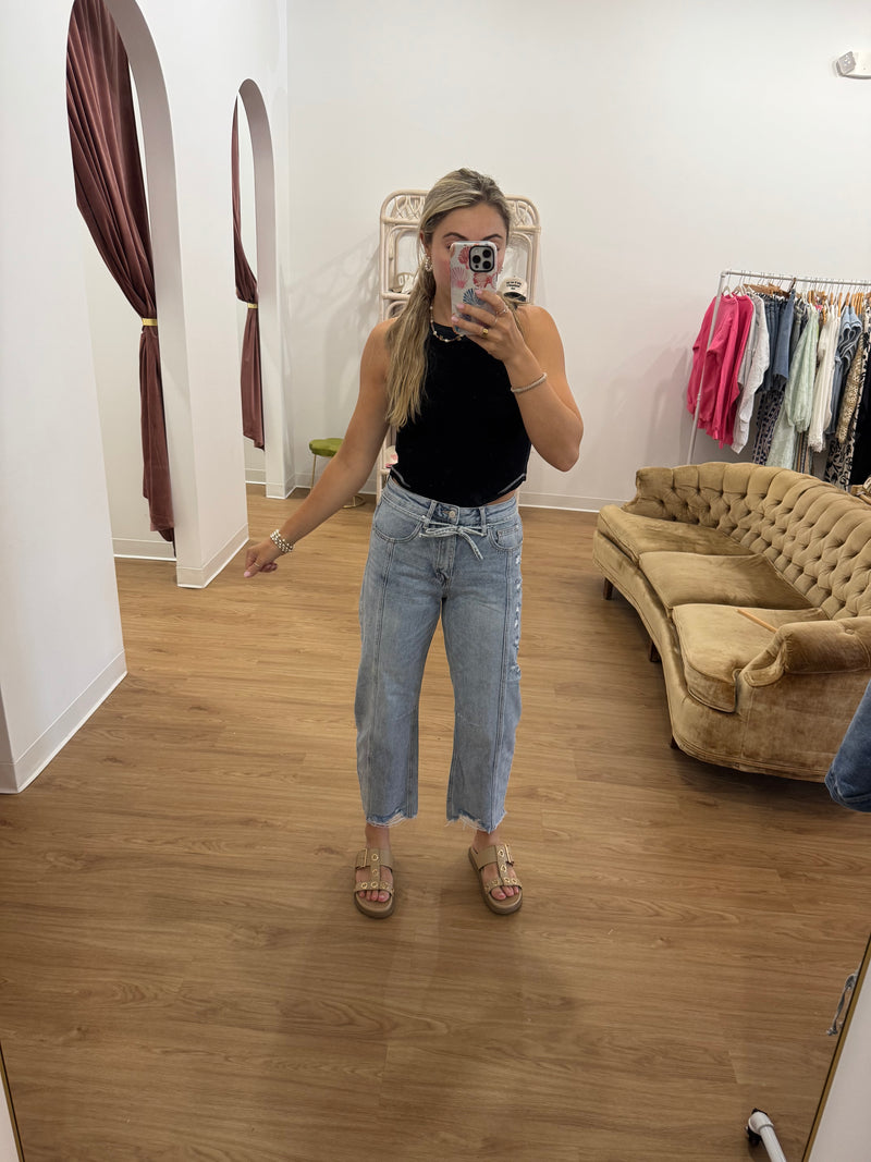 High Rise Barrel Jeans with Tie: Light Wash DIstressed