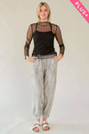 PLUS TURTLE NECK LACE STRETCH MESH SHEER TOP: Black / 1XL