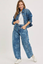 Denim Washed Floral Print Barrel Jeans