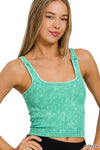 Washed Ribbed Square Neck Bra Padded Tank Top: ASH BLACK / 3-3 (S/M-L/XL)