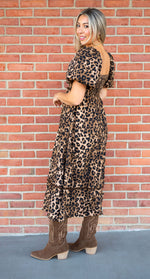 Leopard & Scallop Puff Sleeve Midi Dress