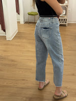 High Rise Barrel Jeans with Tie: Light Wash DIstressed