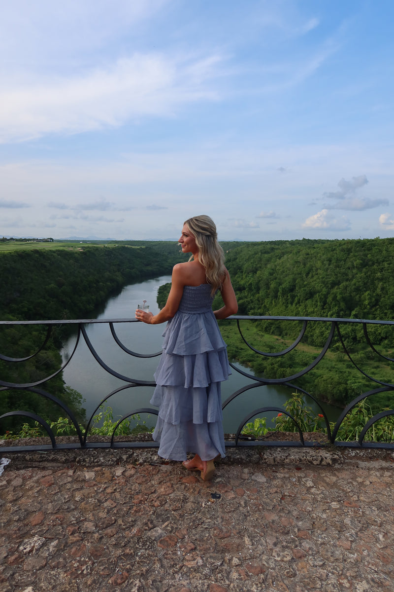 Blue Grey Ruffle Skirt Party Dress