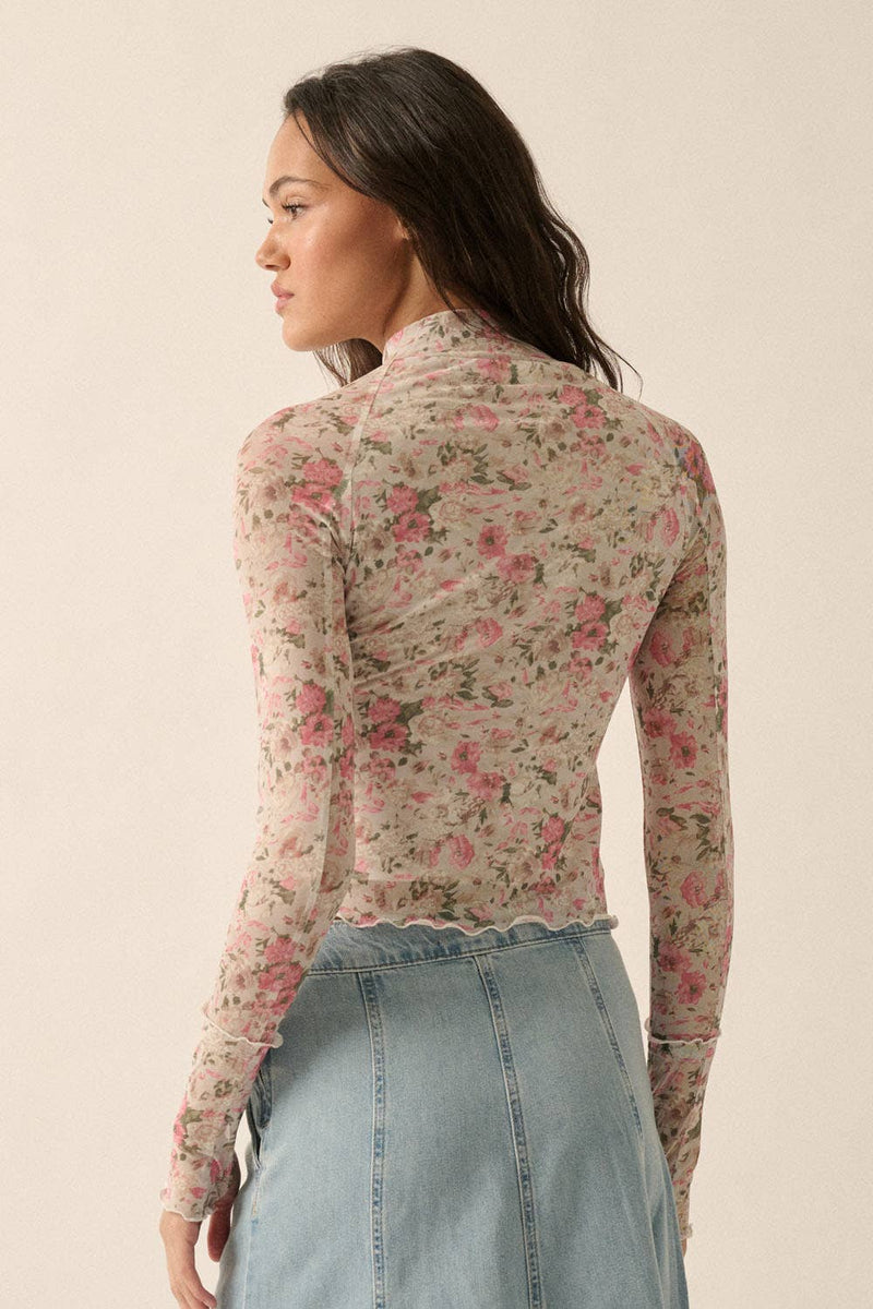 Soft Spring Floral Mesh Lettuce-Edge Thumbhole High-Neck Top